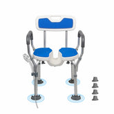 Shower chair with blue seats and gray legs on a white background