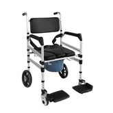 Transport chair with black seat and footrests on a white background