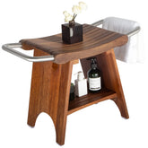 Wooden shower bench with shelves and accessories on a white background