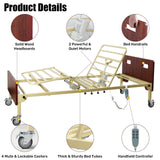 Product details of the heavy-duty electric hospital bed, showing wood-finish boards, dual motors, locking casters, reinforced steel frame, and handheld controller.
