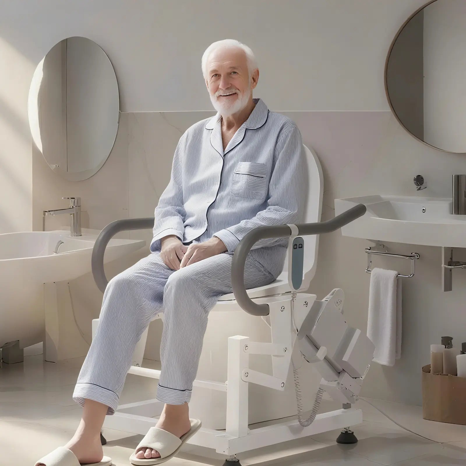 Man sitting on a white lift assist chair in a bathroom