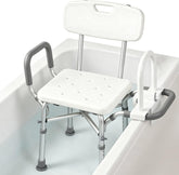 Shower chair for inside bathtub with grab bar and reversible armrests