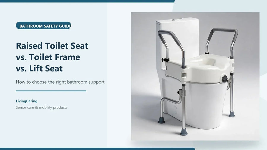 Raised toilet seat with arms on a toilet for bathroom safety support