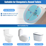 Adjustable raised toilet seat showing compatibility with elongated and round toilets and supported inner dimensions