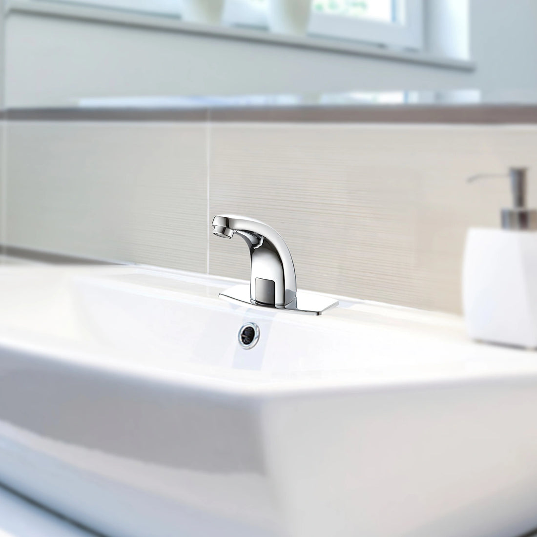 Touchless sink faucet kit with chrome faucet, motion sensor control box, mixing valve, and supply hoses