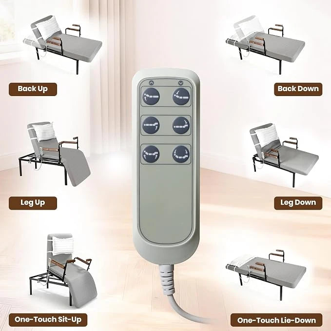 Handheld remote control showing back lift, back recline, leg lift, leg recline, one-touch sit-up, and one-touch lie-down functions.