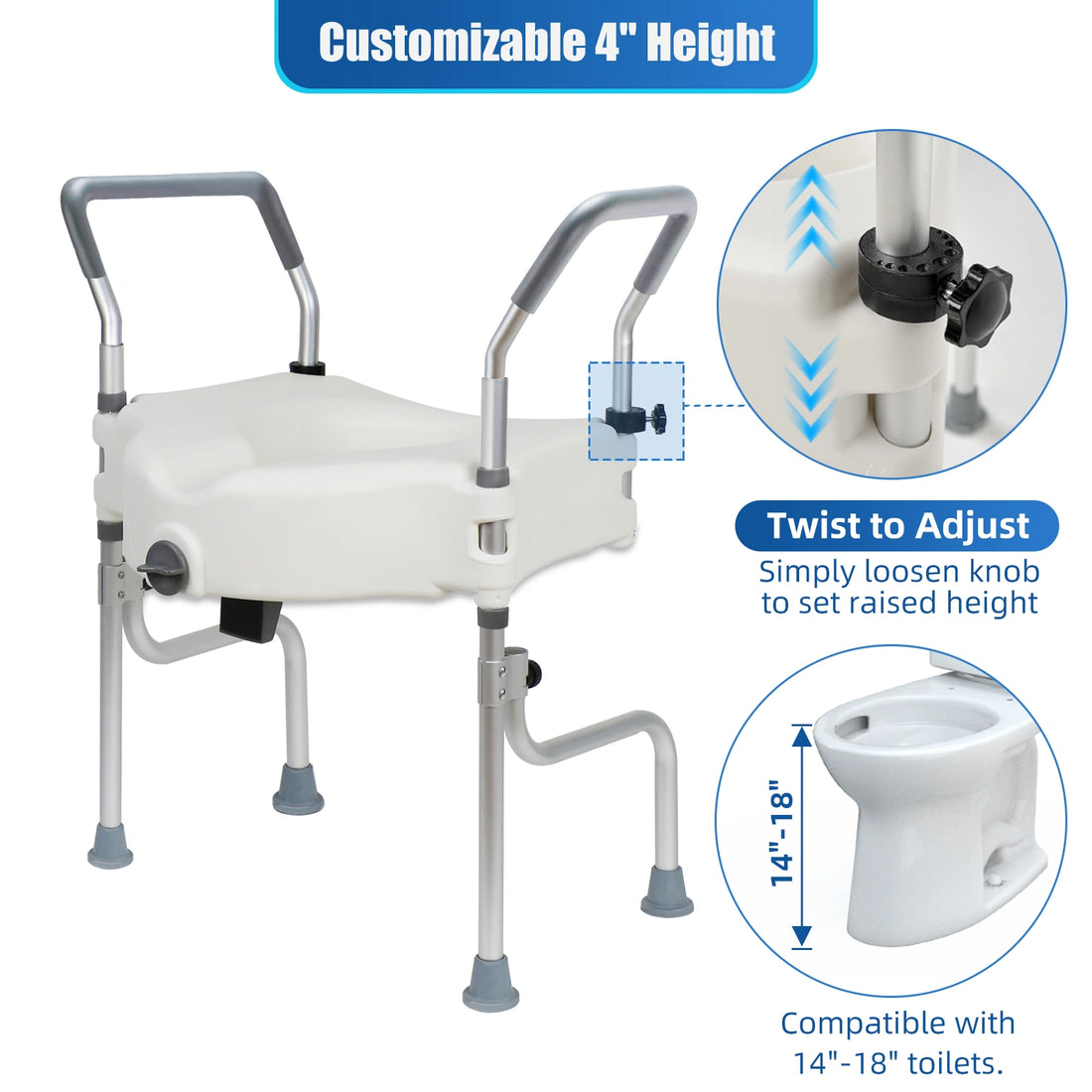 Adjustable 4.5-inch raised toilet seat with arms showing customizable height and compatibility with 14 to 18 inch toilets