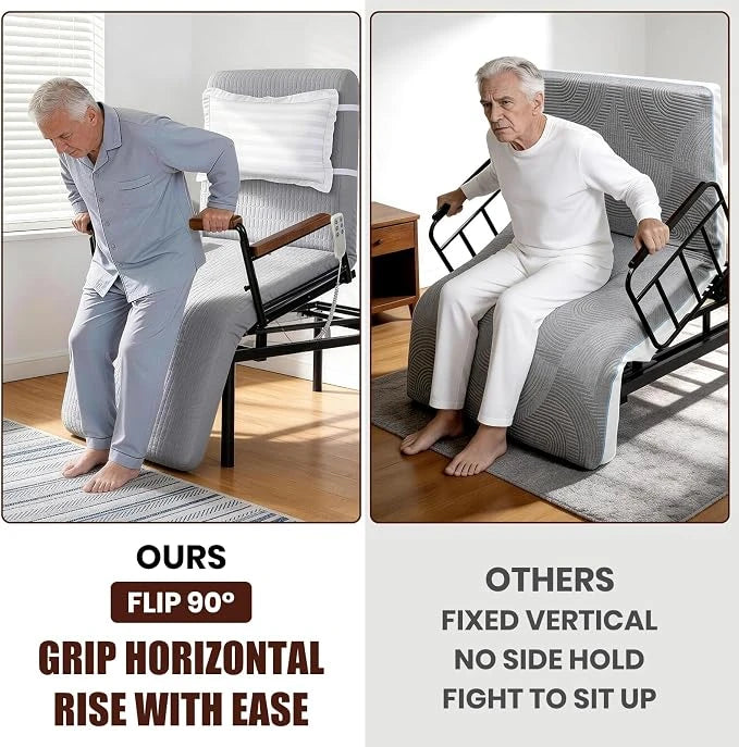 Comparison showing the flip-up horizontal handrail design for easier standing versus a fixed vertical rail.