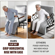 Comparison showing the flip-up horizontal handrail design for easier standing versus a fixed vertical rail.