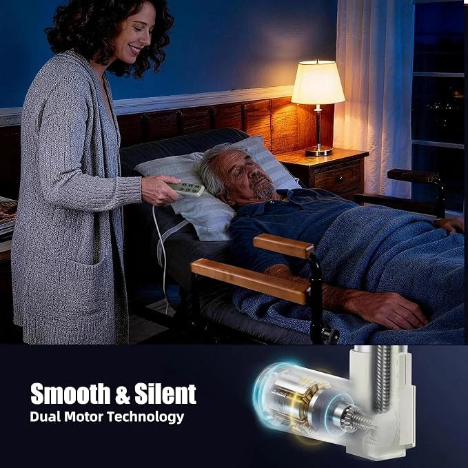 Caregiver using the remote to adjust the bed at night with a close-up of the smooth and silent dual motor system.