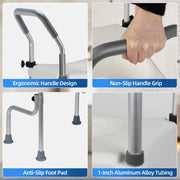 Raised toilet seat featuring ergonomic non-slip handles, anti-slip foot pads, and aluminum alloy support legs