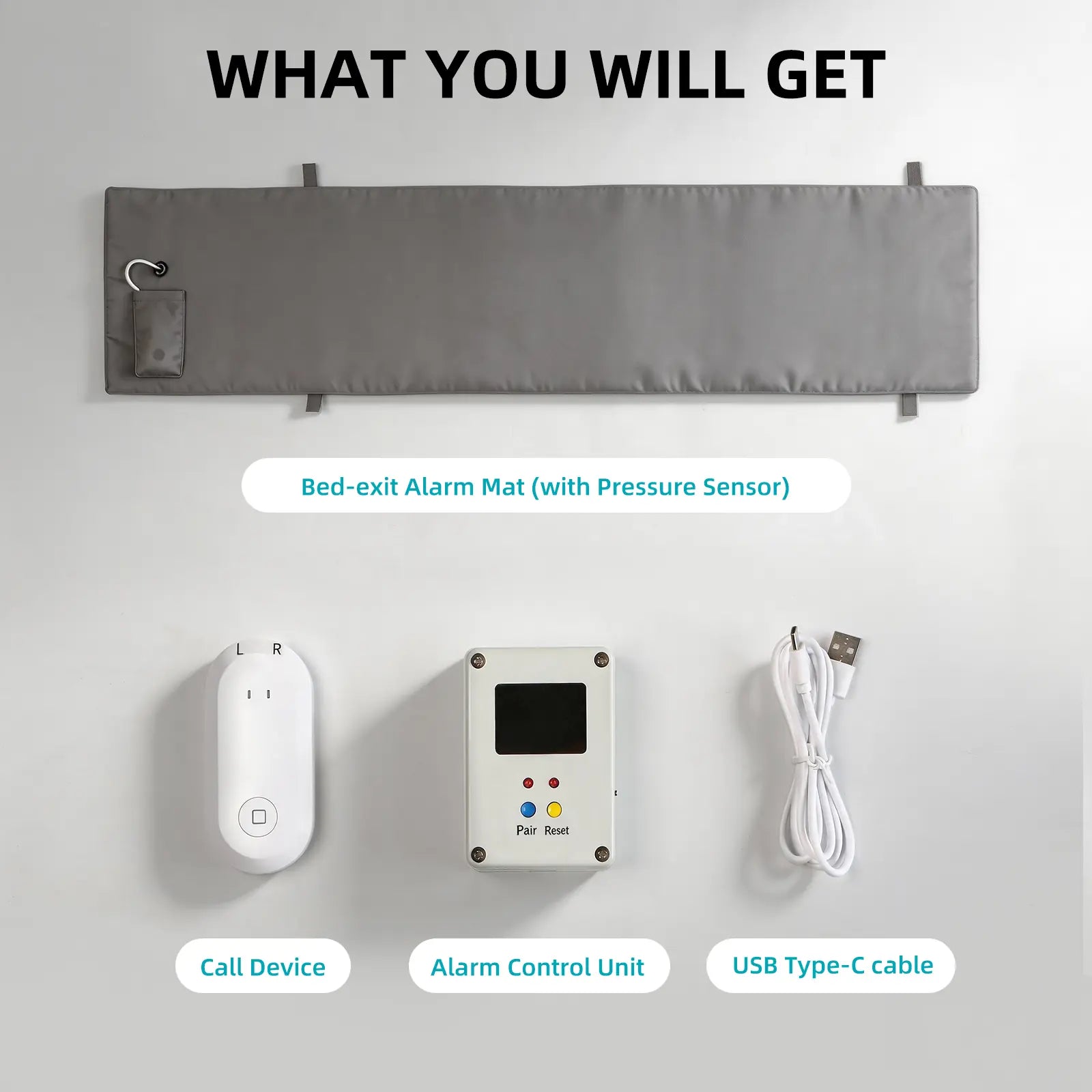 Bed alert kit with sensor mat, call device, alarm control unit and USB-C cable