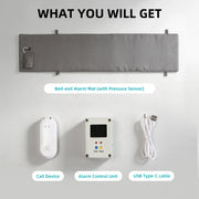 Bed alert kit with sensor mat, call device, alarm control unit and USB-C cable