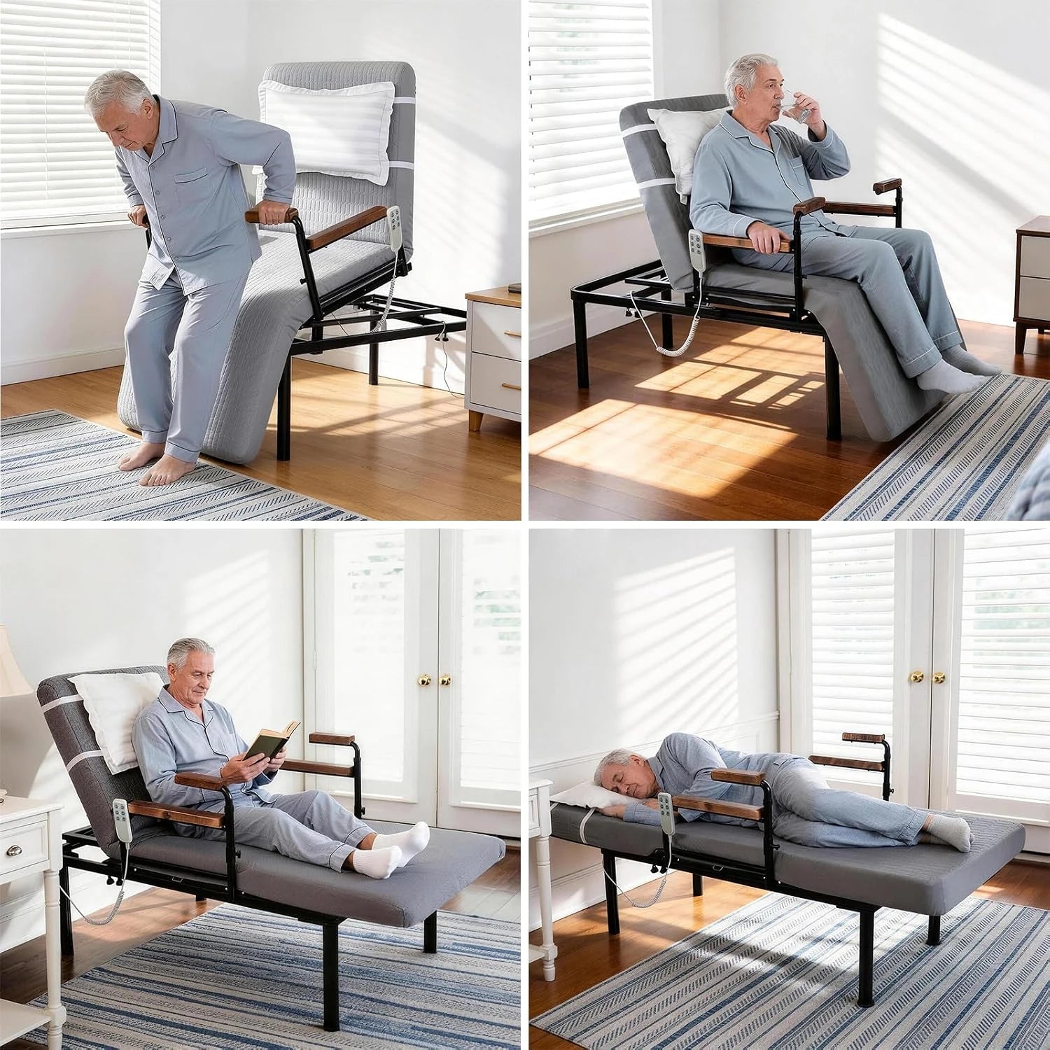 Collage showing the adjustable bed in sit-to-stand, seated, reclined reading, and flat sleeping positions.