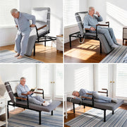 Collage showing the adjustable bed in sit-to-stand, seated, reclined reading, and flat sleeping positions.