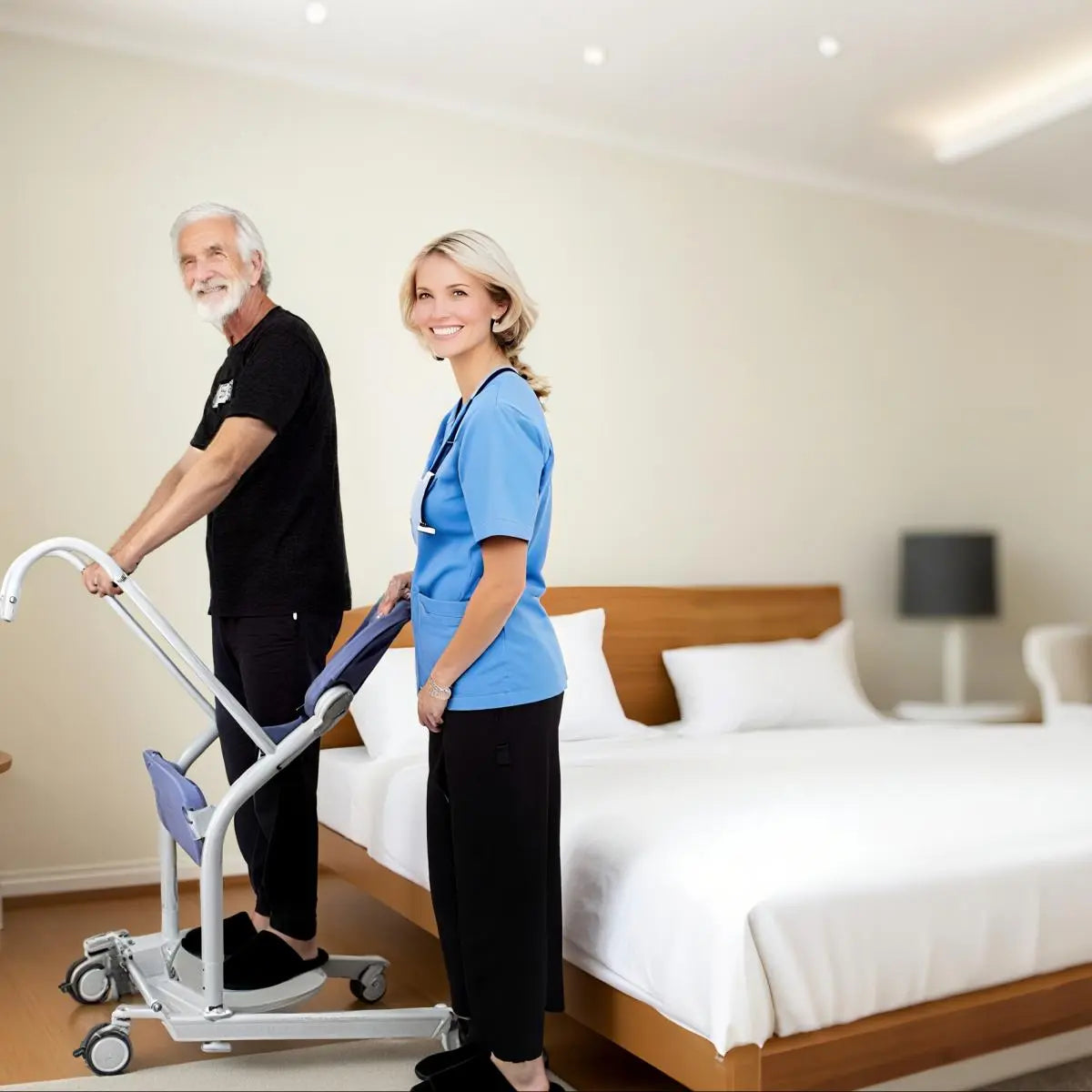 Two people in a bedroom setting with one pushing a mobility aid.