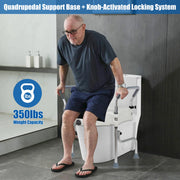Adjustable raised toilet seat with arms and four support legs rated for up to 350 lbs weight capacity