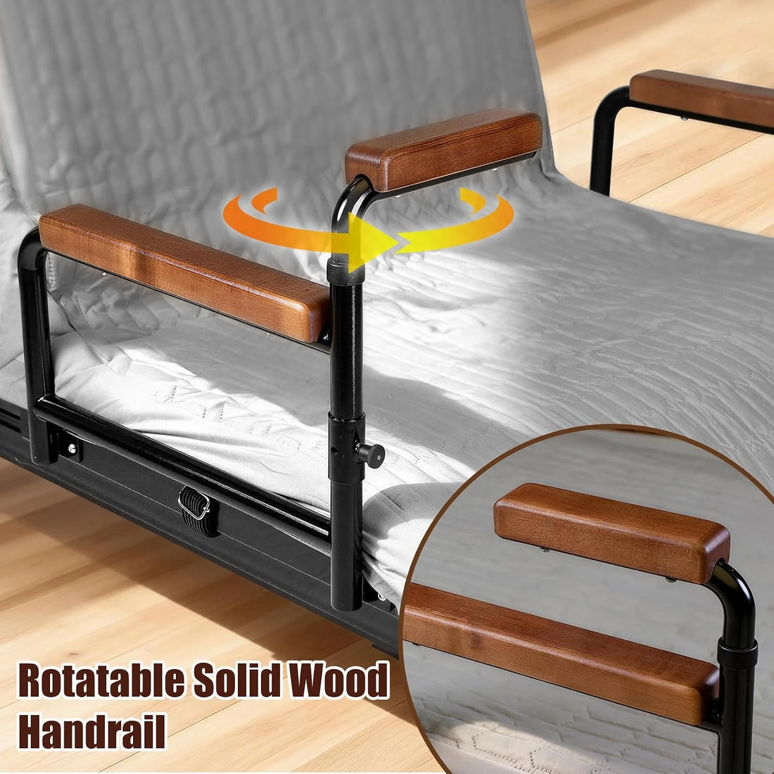 Close-up of the rotatable solid wood handrail with a 90-degree flip-up design.