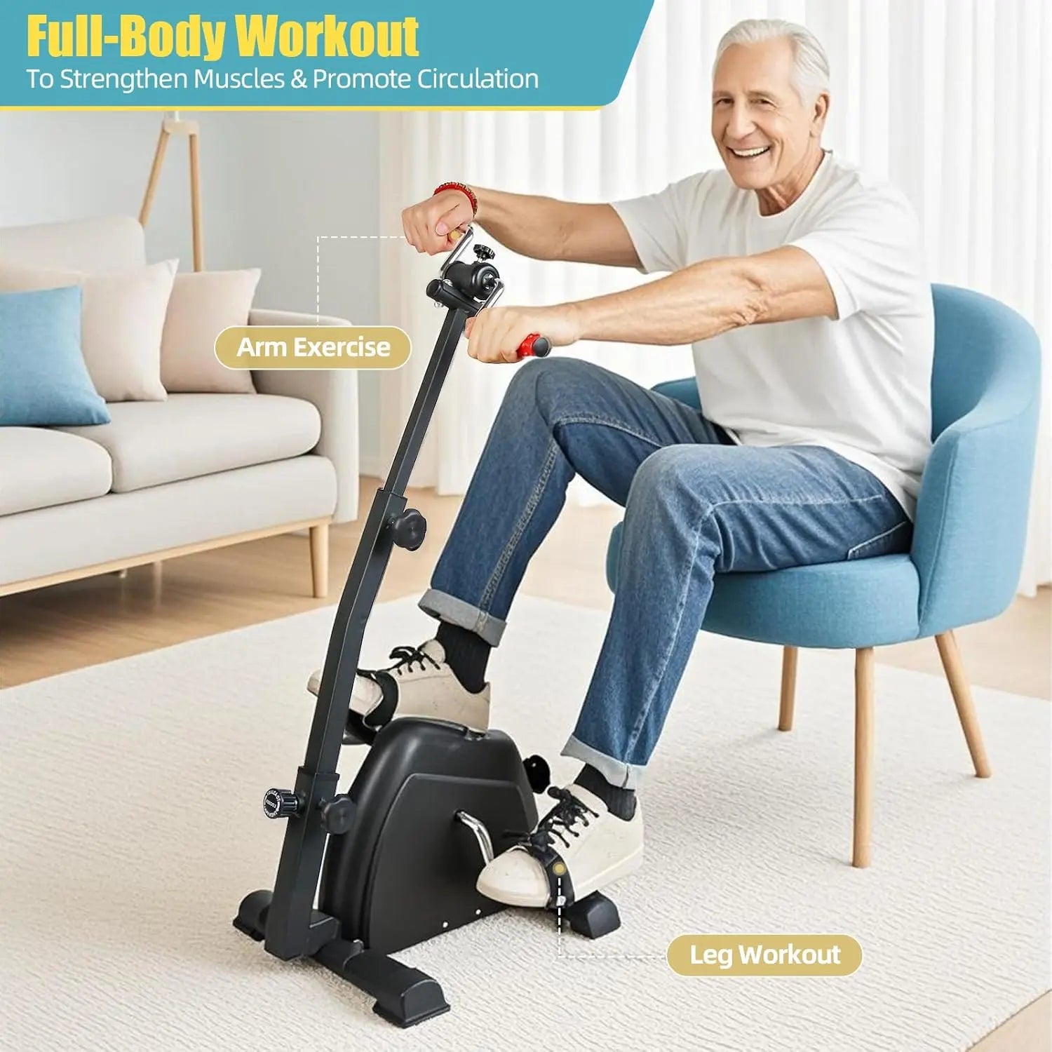 Man using a home exercise bike in a living room with text about full-body workout benefits.