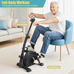 Man using a home exercise bike in a living room with text about full-body workout benefits.