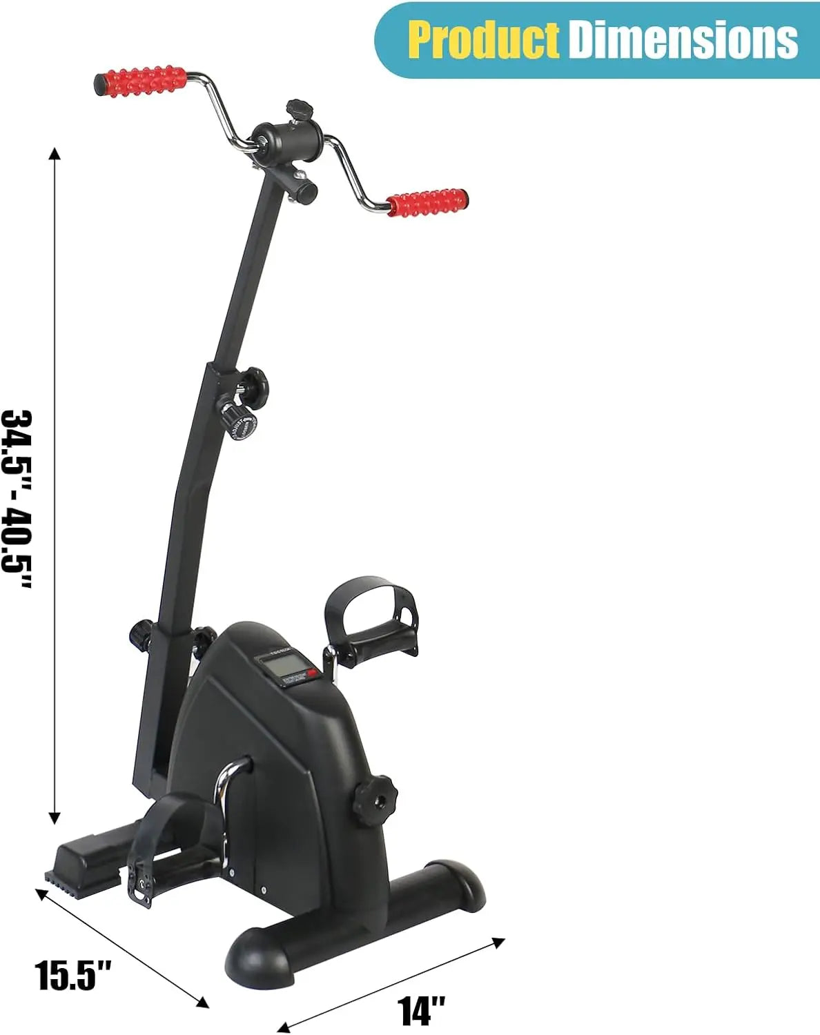 Mini exercise bike with dimensions labeled on a white background