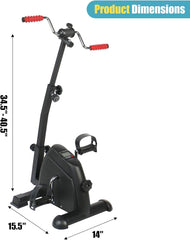 Mini exercise bike with dimensions labeled on a white background