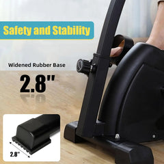 Exercise bike with widened rubber base and safety feature highlighted