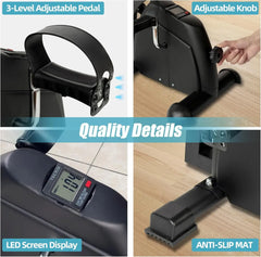 Collage of exercise bike components with labels on adjustable pedal, knob, LED screen display, and anti-slip mat.