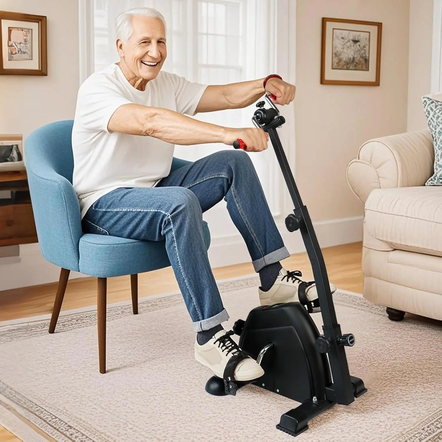 Man using a small exercise bike in a living room.