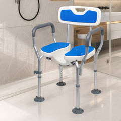 Bathroom chair with blue seats and gray legs in a bathroom setting