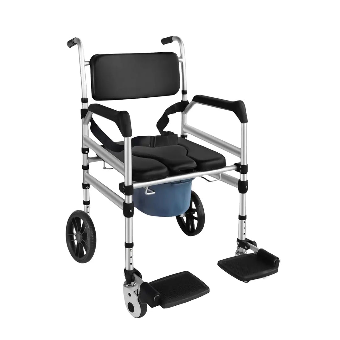 Transport chair with black seat and footrests on a white background