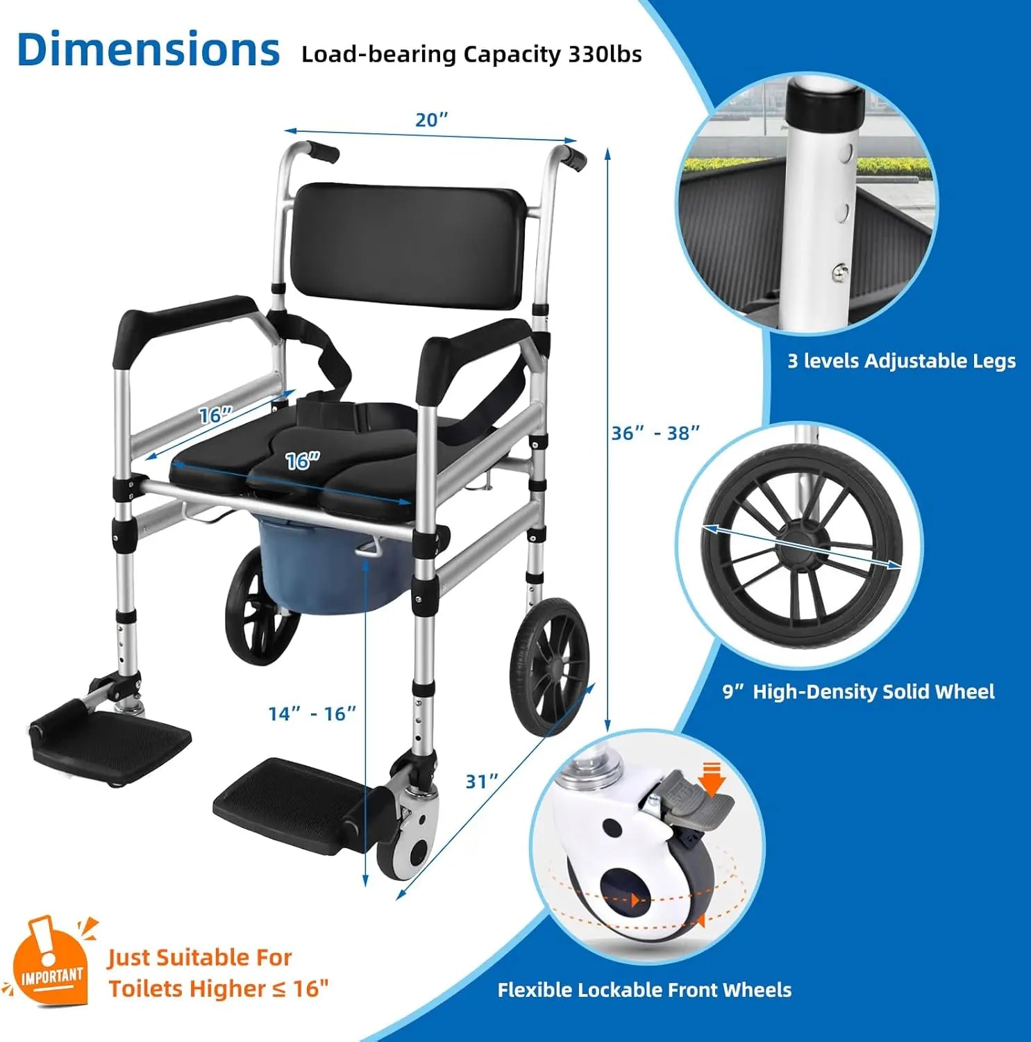 Detailed view of a mobility chair with dimensions and features on a blue background