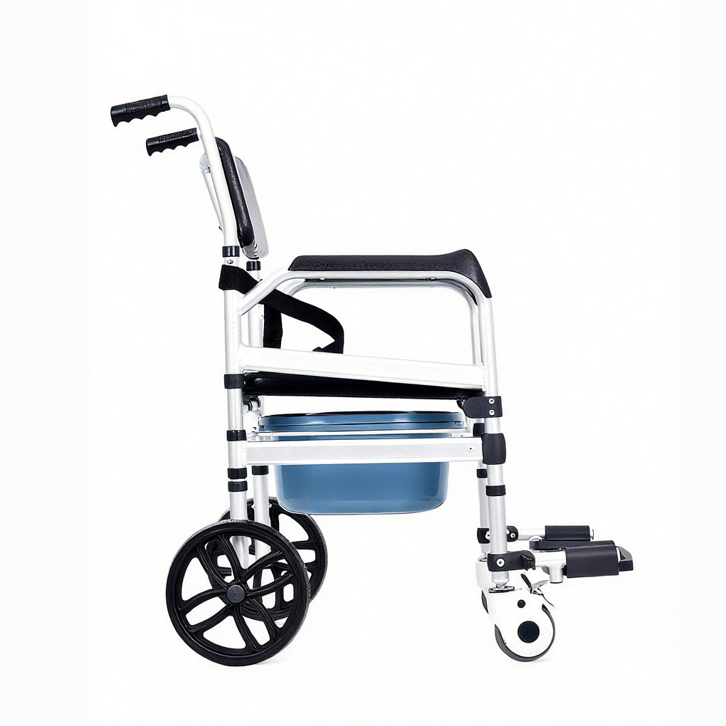 Wheelchair with blue seat on a white background