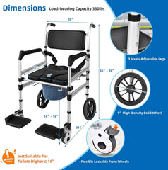 Detailed view of a mobility chair with dimensions and features on a blue background