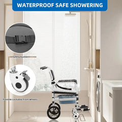 Wheelchair with safety buckle and lockable front wheels in a bathroom setting