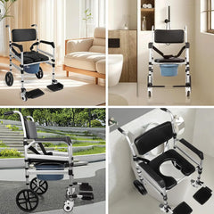 Collage of a mobility aid commode wheelchair in various settings including a living room, bathroom, and outdoor area.