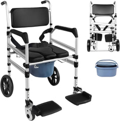 Aluminum commode wheelchair with attached bucket on a white background