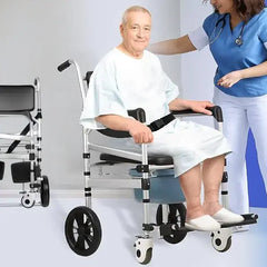 Man in a wheelchair with a nurse assisting him, on a plain background