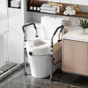 Adjustable raised toilet seat with padded arms and support legs installed in a modern bathroom