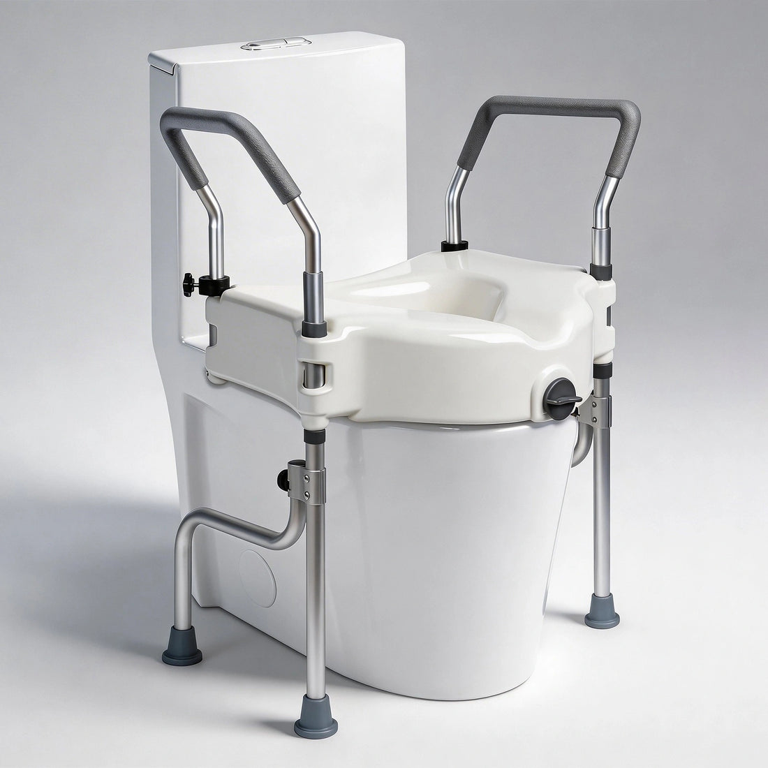 Adjustable 4.5-inch raised toilet seat with padded arms, locking system, and four support legs