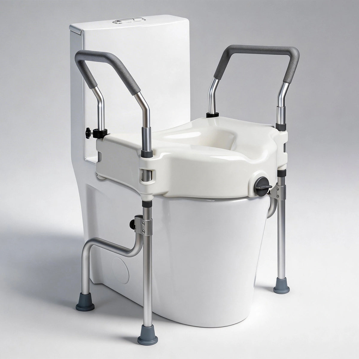 Adjustable 4.5-inch raised toilet seat with padded arms, locking system, and four support legs