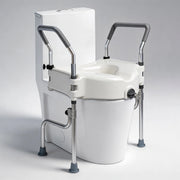 Adjustable 4.5-inch raised toilet seat with padded arms, locking system, and four support legs