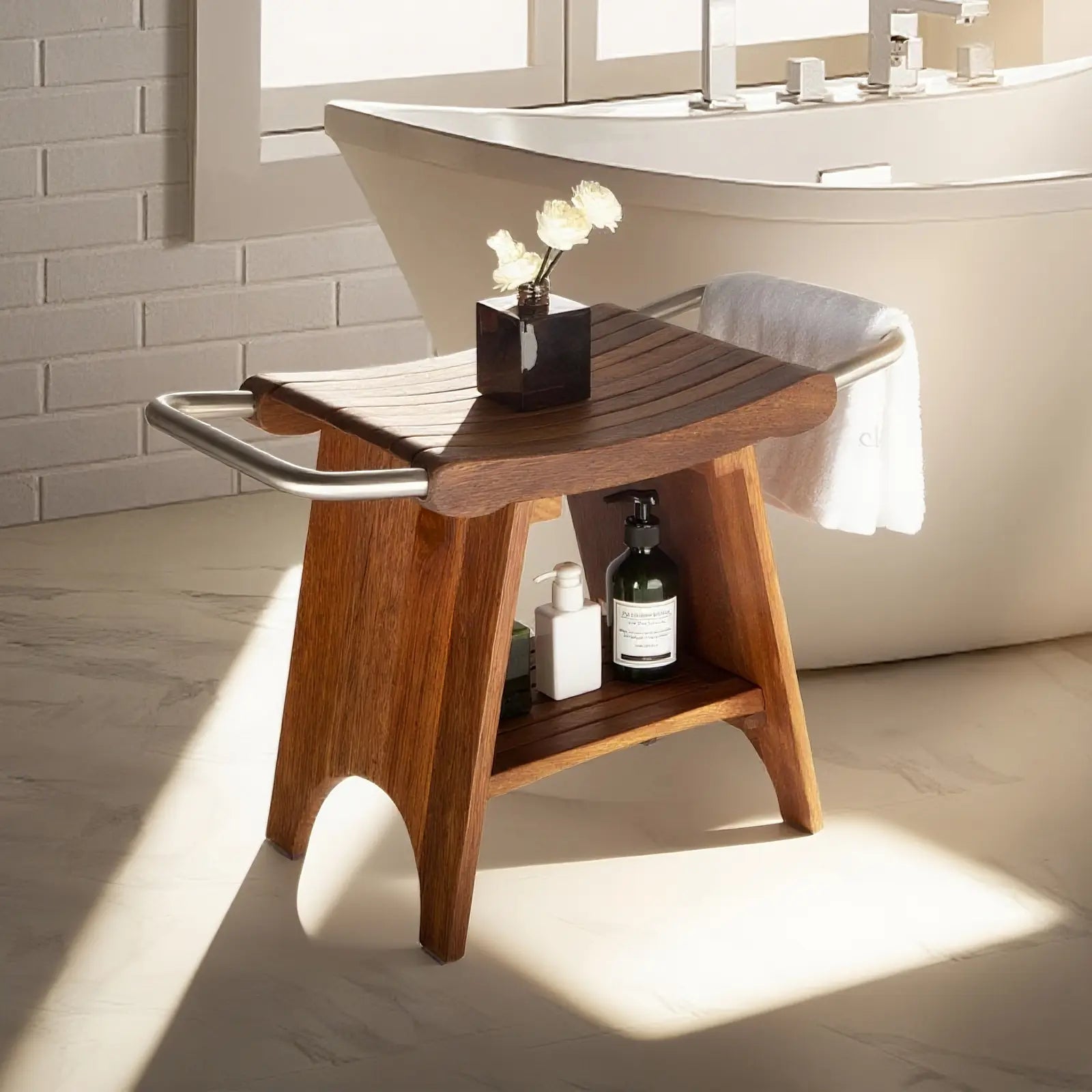 Wooden shower bench with a vase and bottles in a bathroom setting