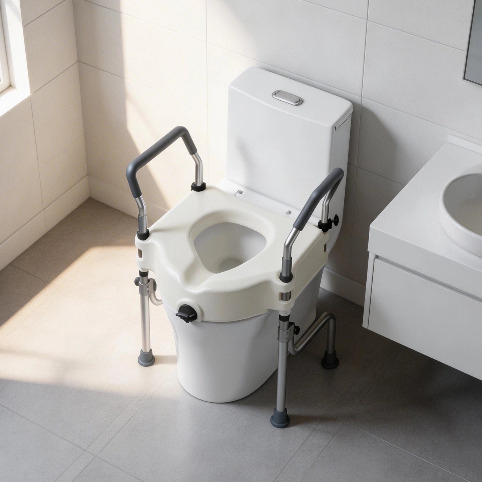 Raised toilet seat with arms and adjustable support legs shown from above in a bathroom setting