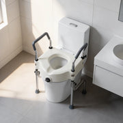Raised toilet seat with arms and adjustable support legs shown from above in a bathroom setting