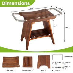 Wooden shower bench with dimensions and component parts on a white background