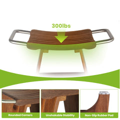Wooden shower bench with metal handles and safety features on a white background-300lbs capacity