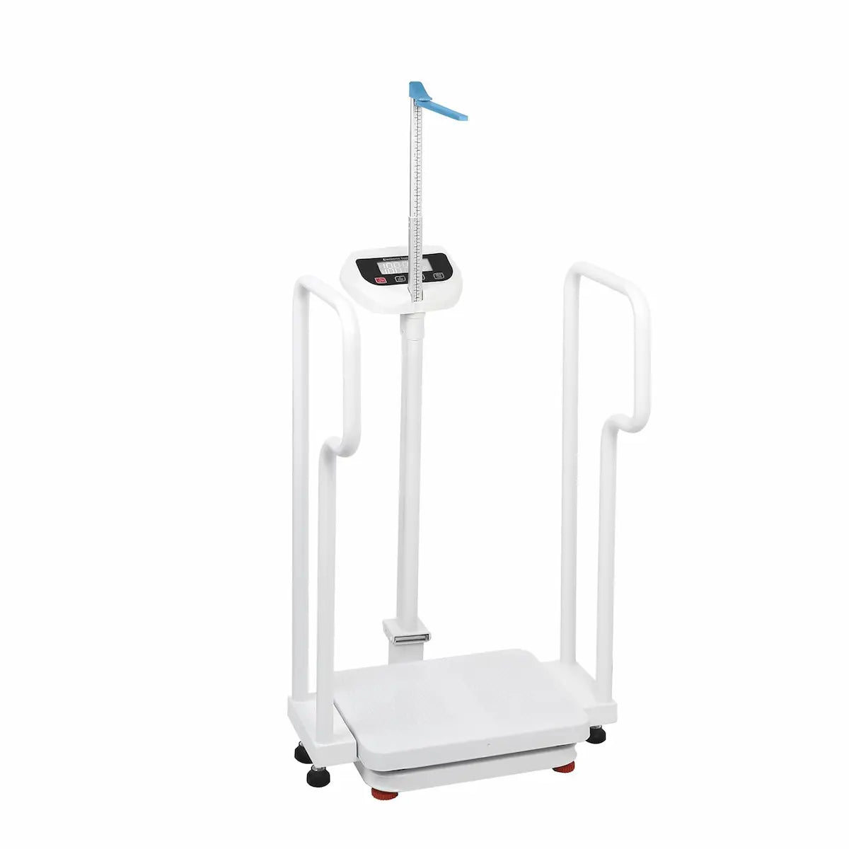 White medical scale with a stand on a white background