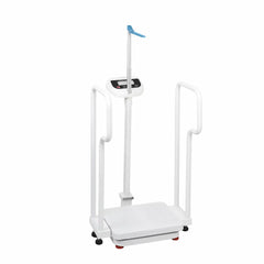 White medical scale with a stand on a white background
