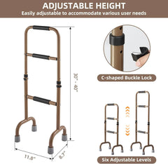 Adjustable height stand assist with C-shaped buckle lock feature, showing dimensions and adjustable levels.